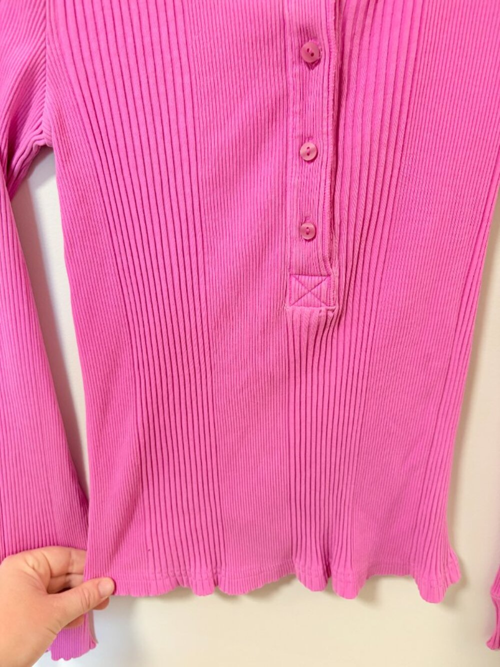 Aerie Road Trip Long Sleeve Rib Henley T-Shirt Bright Pink Fuschia Cozy Lounge - Picture 8 of 12